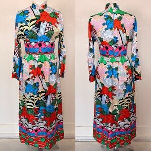 Vintage 60s 70s Novelty Mandarin Asian Psychedelic Cheongsam Lion Silk Dress